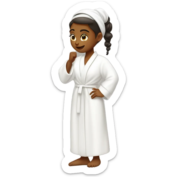 girl with hair up and white headband pushing back hair in a white robe putting on skincare sticker