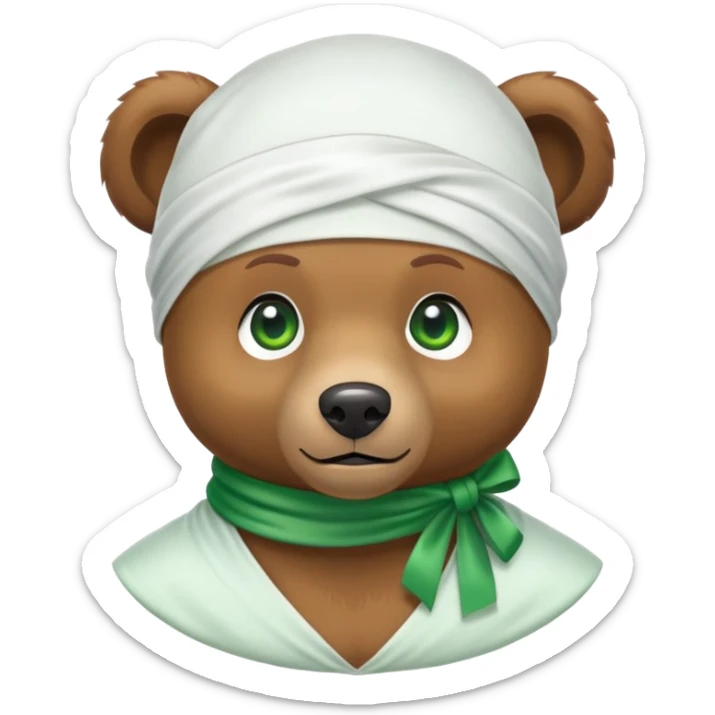 Adorable small brown bear face with green eyes wearing a white silk durag tied at the back, urban style, iOS emoji style sticker