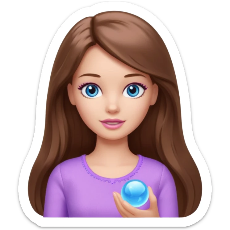 beautiful barbie girl with long brown hair, blue eyes and wearing light purple clothes playing games sticker