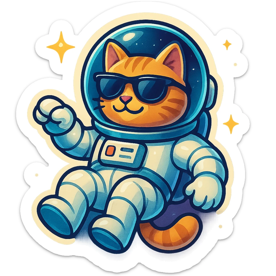 A cat with sunglasses as an astronaut, floating in space with a futuristic helmet. sticker