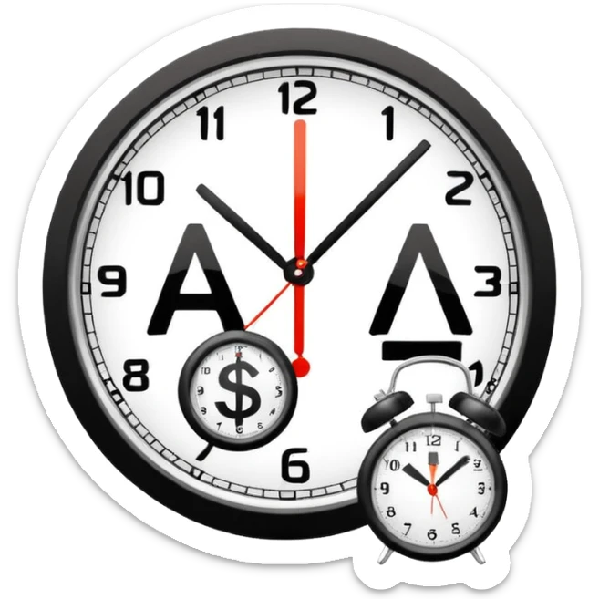 Minimal flat icon, tax money symbol with ruble sign, combined with a clock showing delayed payment, clean vector style, simple geometric shapes, monochrome, no text, no gradients, white background, clear outline, infographic icon sticker