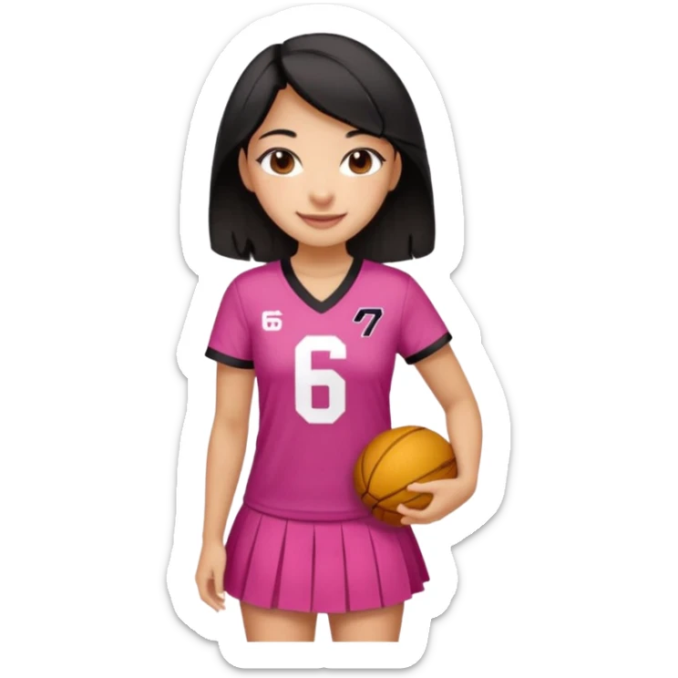 Hawaiian girl with black hair with dark pink highlights in hair with short skirt and jersey shirt number 67 sticker