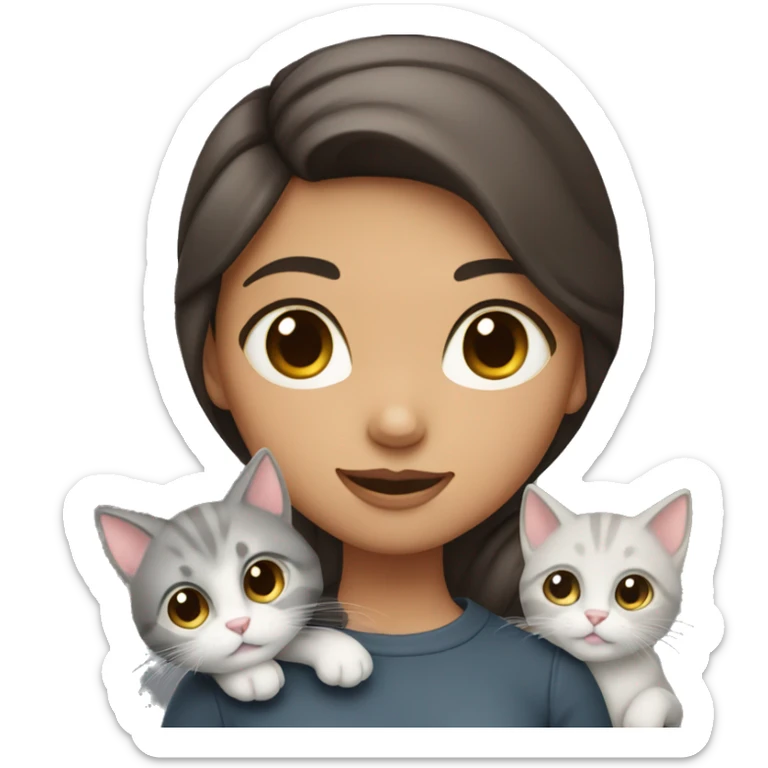 A girl with dark brown hair with a gray kitten in her arms sticker