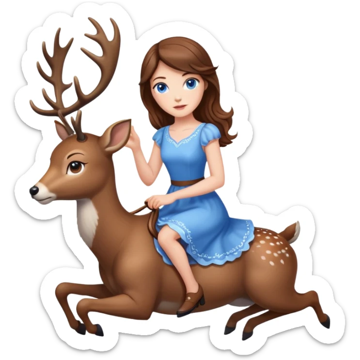 A white woman with brown hair and blue eyes in dress in riding a deer sticker