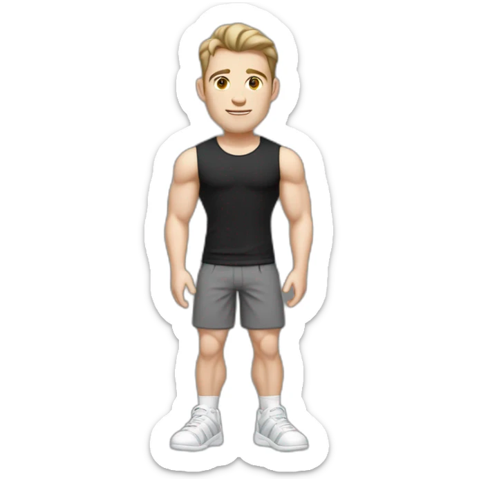 Idyll Pale skinned Fit Man With the biceps and dark brown hair in black shirt, gray sports shorts and white Sneakers sticker