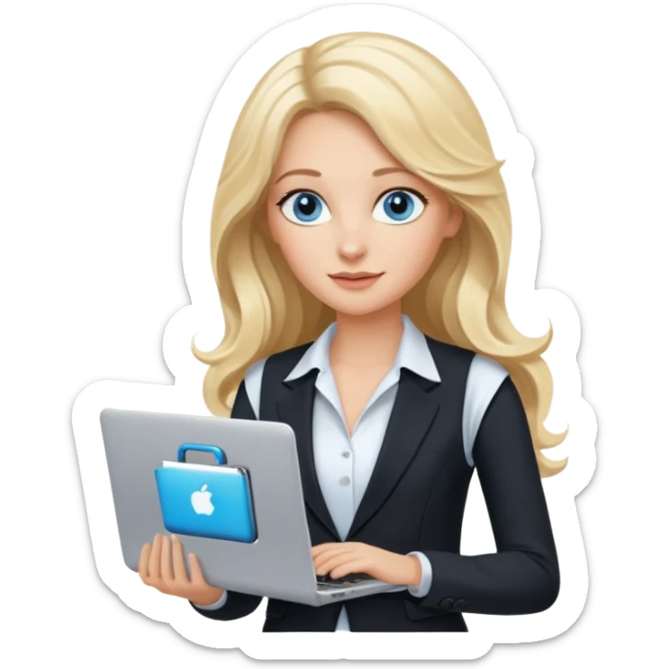 3D Apple-style emoji of a blonde woman whits long wavy hair, with bright blue eyes,
wearing a white sleeveless top,
holding a silver laptop,
clean white background, smooth rounded design
black suite sticker