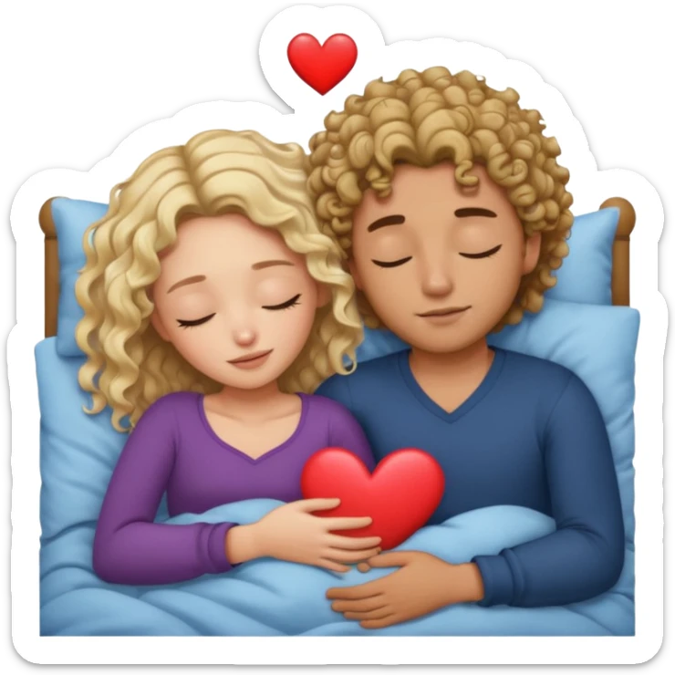 cuddling in bed, asleep. wavy haired blonde girl. man with curly,  dark brown hair. eyes closed. heart between them. no headboard sticker