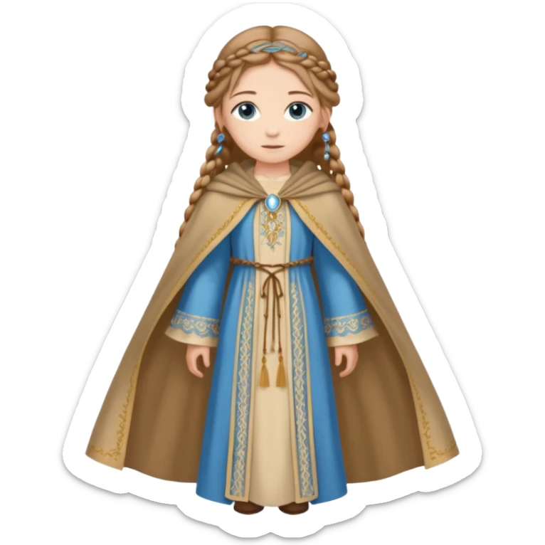 Joven de unos 20 años, de aspecto dulce y elegante.
Piel clara, ojos (pueden ser azules o verdes)
Rubio o castaño claro, largo, con trenzas o velo.
Vestido largo de tonos suaves (blanco, azul o lavanda), con bordados dorados; un manto o toca fina cubriendo la cabeza. Haz todo el cuerpo sticker