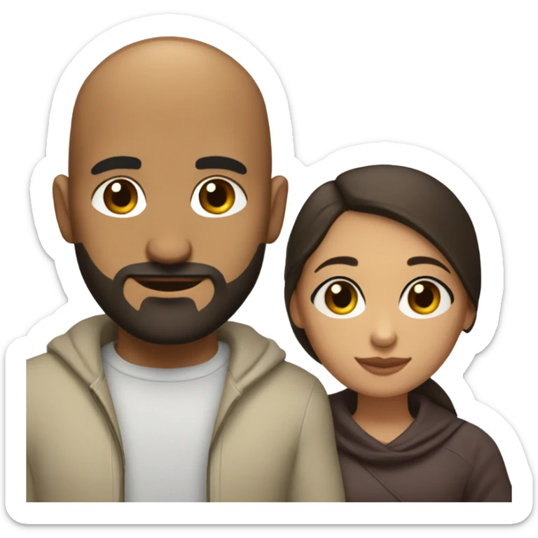 Comforting hug from brunette Puerto Rican with dark brown eyes to short, bald man with brown eyes and a beard sticker