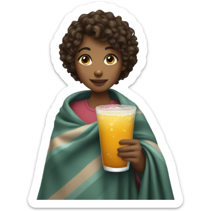 A girl with a short curly hair. She holds a glass of drink, wrapped in a blanket. sticker