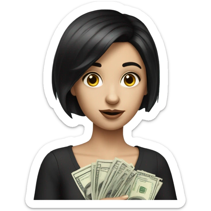 hyperrealist caucasian girl black short hair holding money sticker