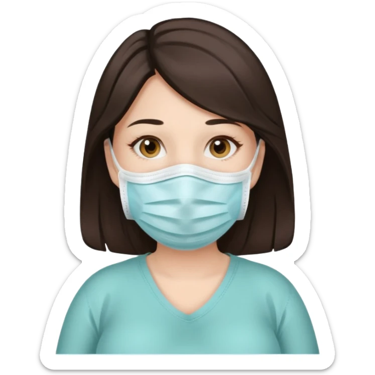 a pregrant lady with dark brown hair? Hair lengt above shoulder, wearing medical face mask sticker