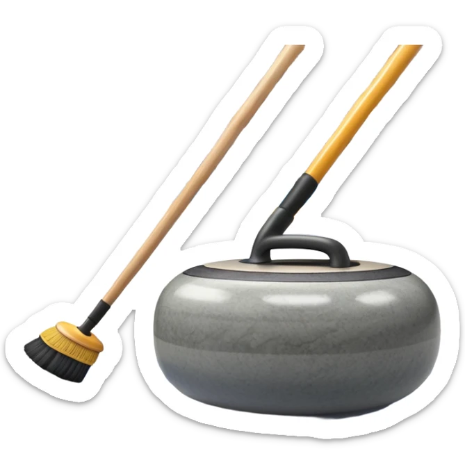 An icon showing a detailed close-up of a curling stone sliding across the ice, with a broom in motion beside it. The background features an indoor stadium with cheering spectators on the stands. Transparent background captures the strategy and focus of curling. sticker