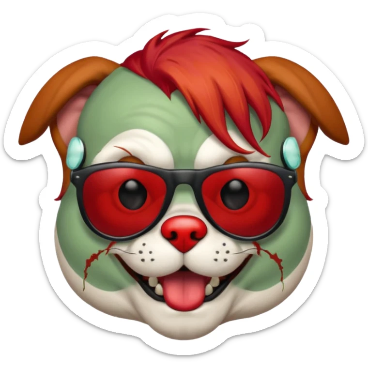Zombie dog with sun glasses and red hair and joker nose sticker