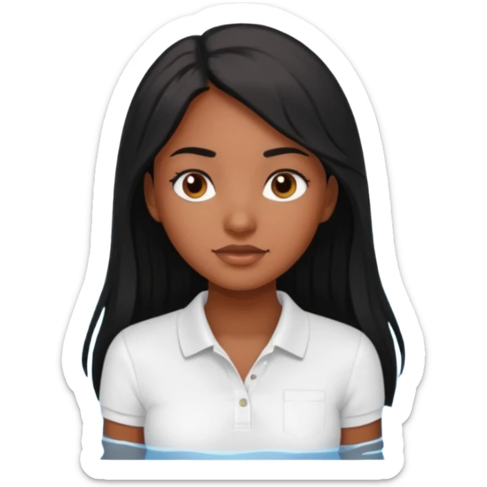 Brown skin girl with long black hair in pool while wearing all white polo shirt sticker