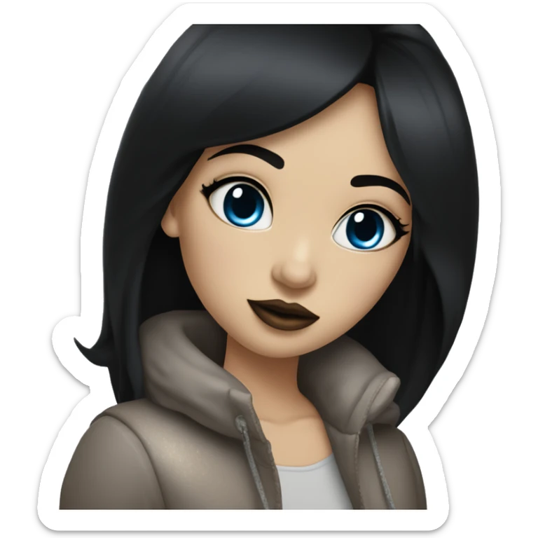 a girl with straight black hair below her shoulders with blue eyes that are lined with black pencil, with plump lips painted with glitter in a shade of cappuccino sticker
