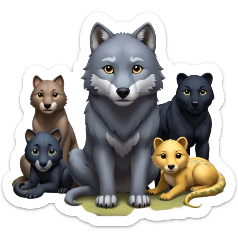 Fai un emoji per ognuno di questi personaggi del libro della giungla: Akela, Bagheera, Baloo, Kaa, fratel Bigio, Raska, Rama, Ikki, Chill e Mang sticker