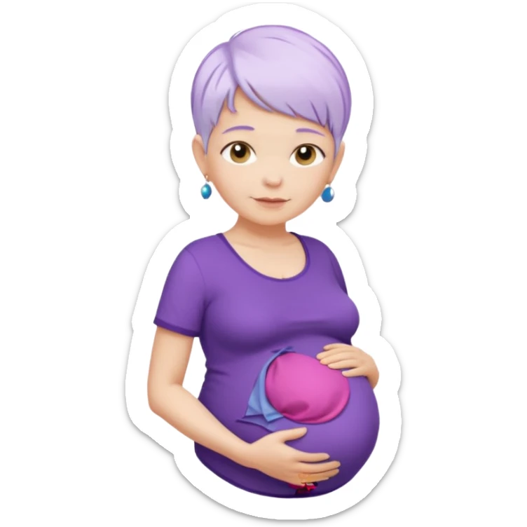pregnant older women with purple shirt, white pixie hair, head neck and abdomen only sticker