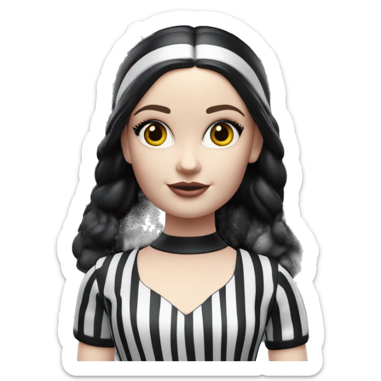 Malibu Barbie, 1965 Wednesday Addams from academy, in dark-gray and black striped outfit with hat. Smiling Driving Mercedes convertible sports car. Pale-white porcelain skin.  sticker