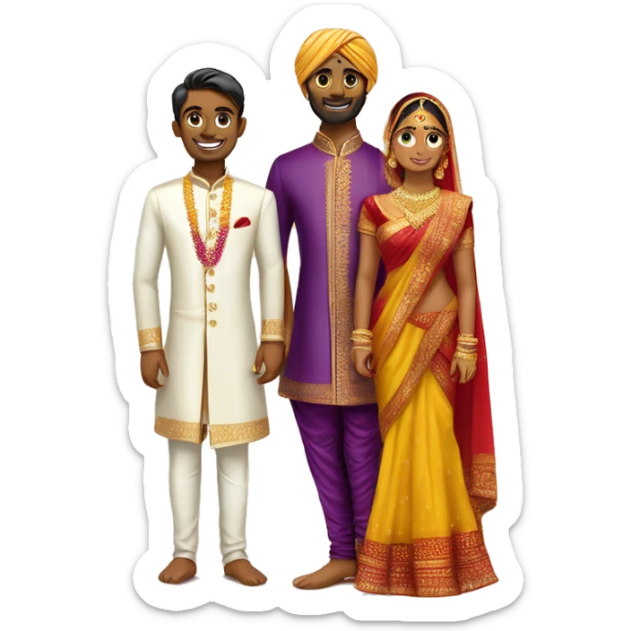 Tamil south indian where bride is in yellow saree with red border and the groom wearing purple sherwani for Engagement. Should be fair skinned sticker