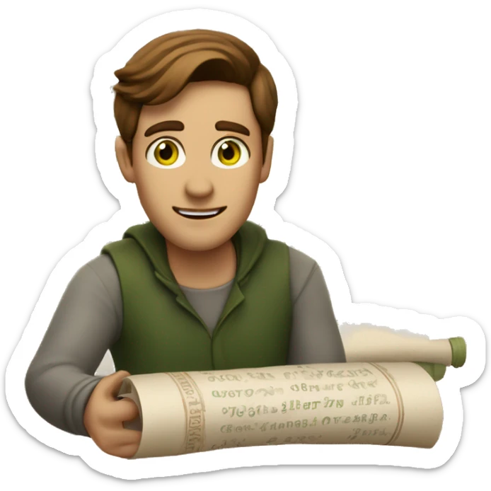 a light-skinned green-eyed man with brown hair sitting in front of the paper scroll  sticker