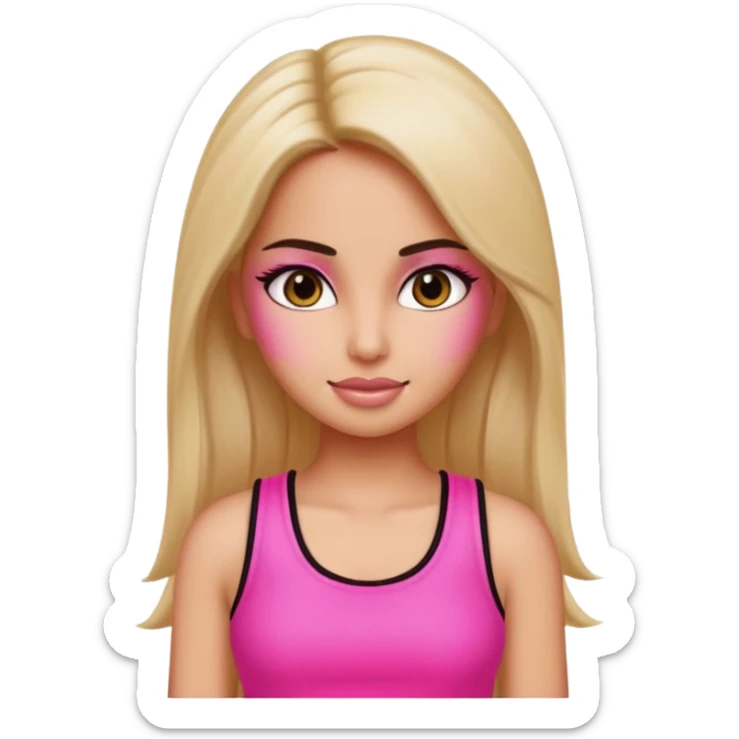 a pretty bratz emoji that looks like katrina kaif with straight side part hair wearing a neon pink sleeveless top sticker