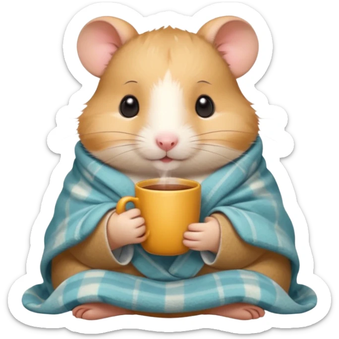 Cute cartoon-style hamster wrapped in a cozy blanket, holding a cup of tea, relaxed expression. Painterly shading, white background, sticker-style illustration sticker