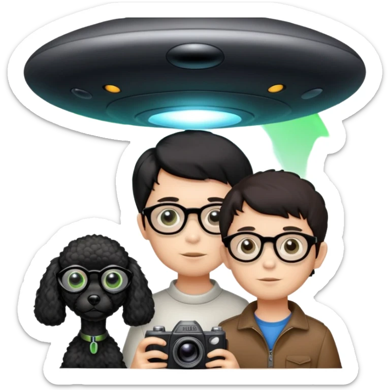 A little boy with straight black medium-length hair, white skin, and black eyes wearing black-framed glasses is taking photos on a UFO with a camera. Beside him, there is an alien and a brown round-headed poodle. sticker