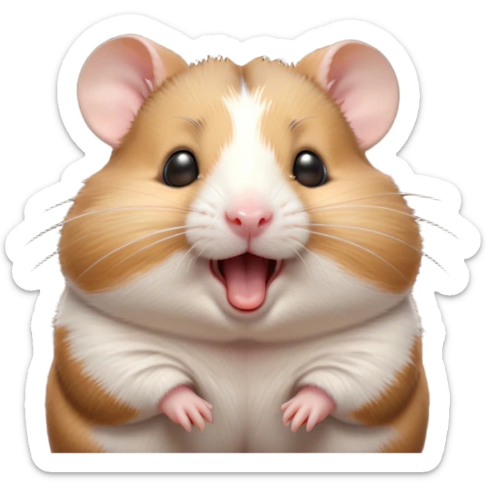 Cinematic Cute Yawning Brown and White Banded Hamster Portrait Emoji, Head tilted slightly with a dramatic, wide-open yawn, revealing a soft, banded fur of brown and white with tiny droopy ears, round dark eyes barely open in drowsy contentment, Simplified yet irresistibly adorable features, highly detailed, glowing with a soft, cozy glow, high shine, relaxed yet expressive, stylized with a touch of whimsy, bright and endearing, soft glowing outline, capturing the essence of a sleepy yet affectionate hamster, so drowsy it feels like it could stretch out of the screen and curl up for a nap! sticker