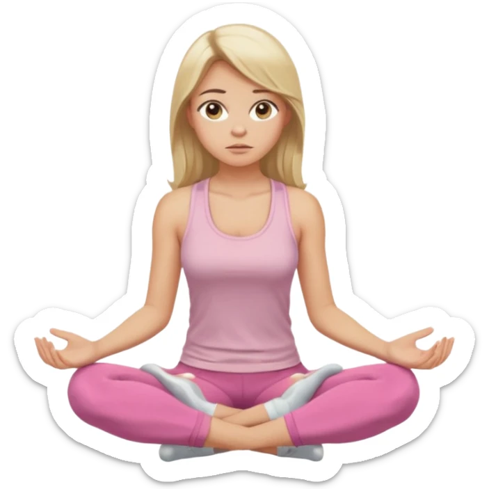 Create a young woman with long blonde hair, golden eyes, and medium-light skin tone, wearing a light pink tank top and leggings. She should be sitting cross-legged in a calm pose, but with a subtle doubting or skeptical facial expression—slightly raised eyebrow, small frown, or pursed lips.  sticker