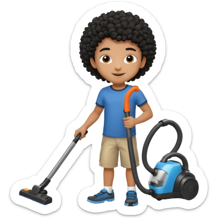 Emoji to encourage kids to do chores - should contain something about house chores, ok replace the broom with a vaccum make it atheltic boy 8 years old - egyptian with curly hair sticker