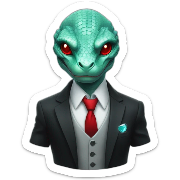 Aquamarine reptilian in classic black suite with red laser eyes on the middle of platinum coin sticker