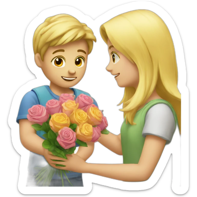 A boy who offers a bouquet of flowers to a pretty blonde sticker