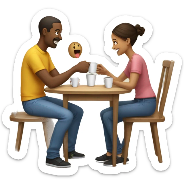 An emoji of a family—mother, father, and child—sitting at a table, playing a cup game with paper cups arranged on the table as they have fun together sticker