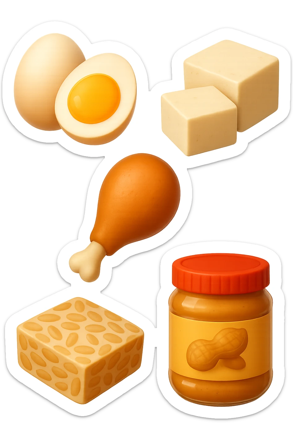 EMOJI STILE IPHONE DI
 uova, pollo, tofu, tempeh, burro di arachidi
, fluttuano in aria REALISTICA 4K sticker
