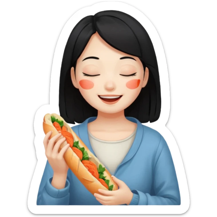 Girl black long hair eat kimchi close eyes baguette sticker