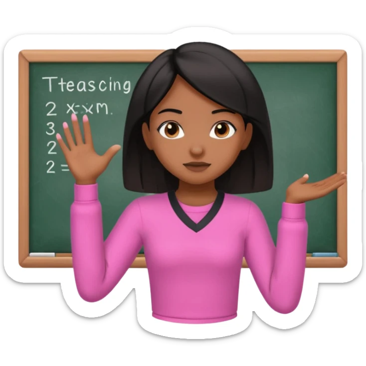a brown skin teachers with hair that stop at elbpws girl with black straight like hair wearing pink not hot pink 2 piece set teaching up on a board sticker