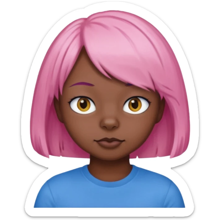 Black cat wearing a short pink hair wig, blue T-shirt sticker