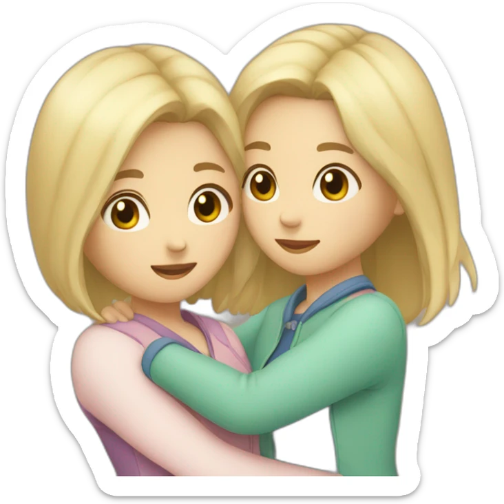 Two girls friends one with blonde short hair, second asian with long brown hair hugging each other sticker