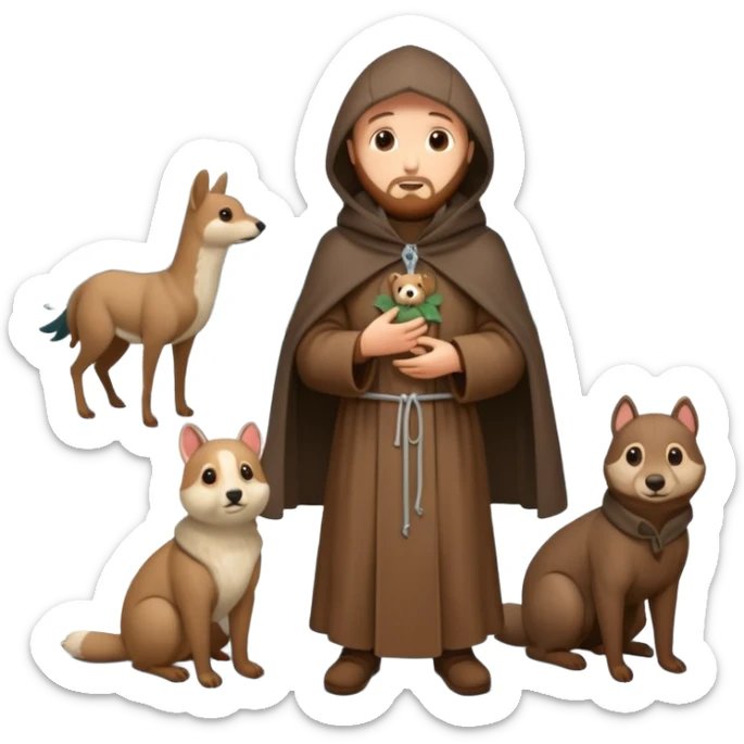 create a full body shot of Saint Francis of Assisi cartoon modern type with animals during the winter, background, to be used as an AI crfreation in HeyGen.com, please create a winter background sticker