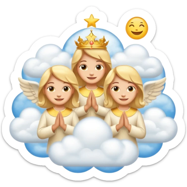 heaven with clouds, golden palaces, and smiling angels floating around in emoji style sticker