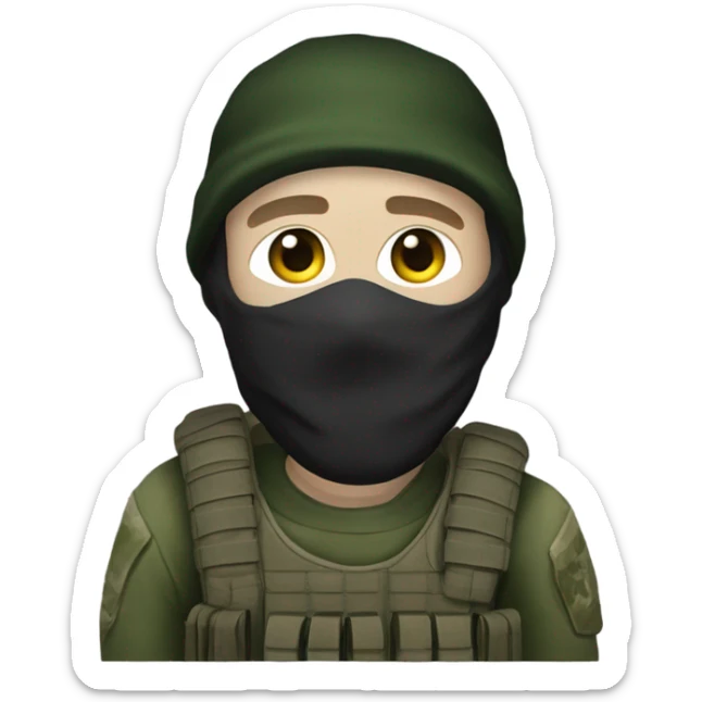 white male, pale skin, call of duty dark mask, green camo tactical gear, combat boots, beanie, hazel eyes sticker