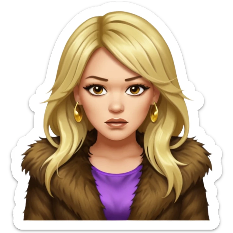 Cinematic Realistic Ultra HD - very Angry, Glamor Plunge Hilary Duff Extreme Long Long Hairstyle in Shaggy Fur Coat with Gold Flash sticker