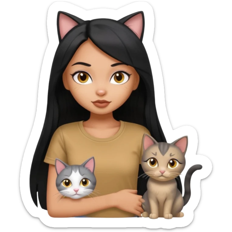 a pretty bratz dusky girl with long straight hair with four cats nd wearing a grey tshirt sticker