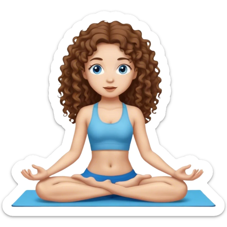 Girl with medium light skin and blue eyes and long brown curly hair doing yoga  sticker