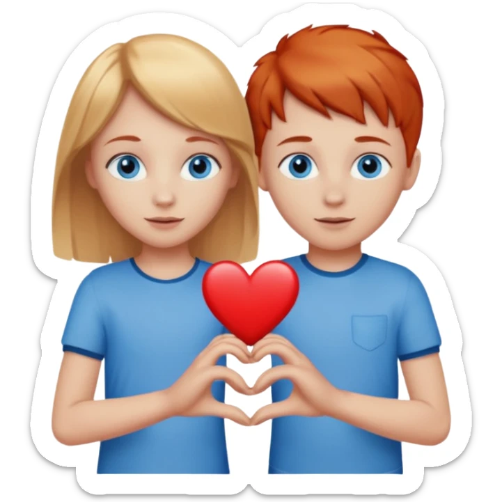 young blonde girl with blue eyes holding hands with young red headed boy with blue eyes and a heart between them sticker