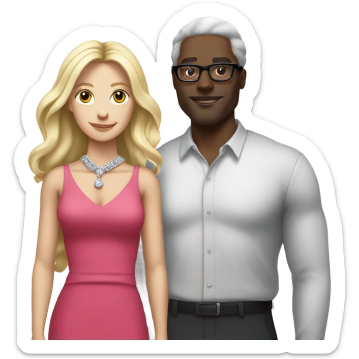 “white blond long hair woman in pink dress and diamond necklace standing with black man with glasses wearing a red shirt sticker