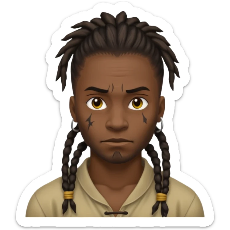 
1 black man, fierce face, scar on face, dreadlock hair tied back emoji
 sticker