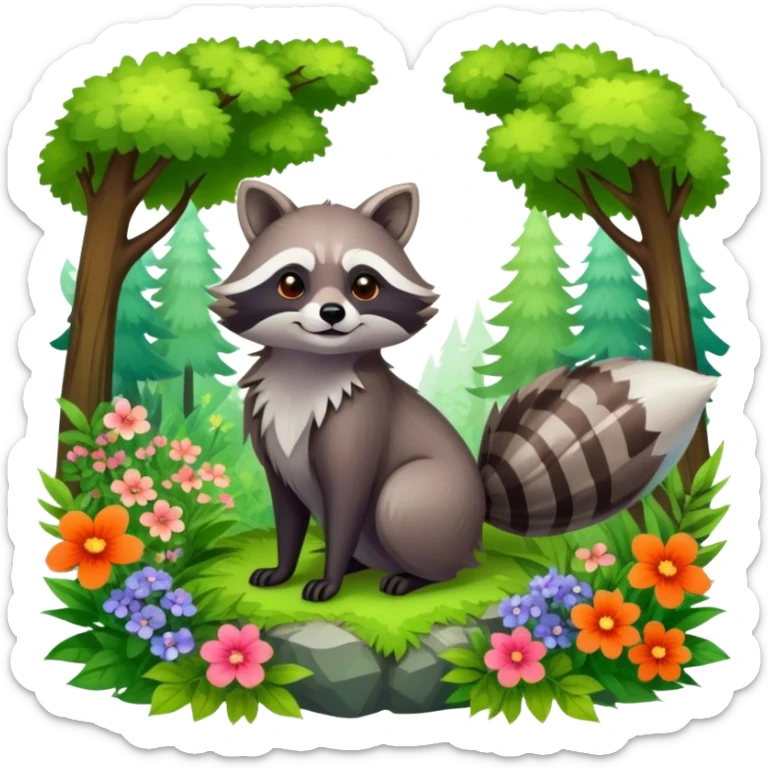 raccoon and a fox among a colorful forest with vibrant green trees, bushes and flowers. The animals are in the foreground, surrounded by a lush, bright forest, with soft sunlight filtering through the leaves. A playful and wild scene with a transparent background. sticker