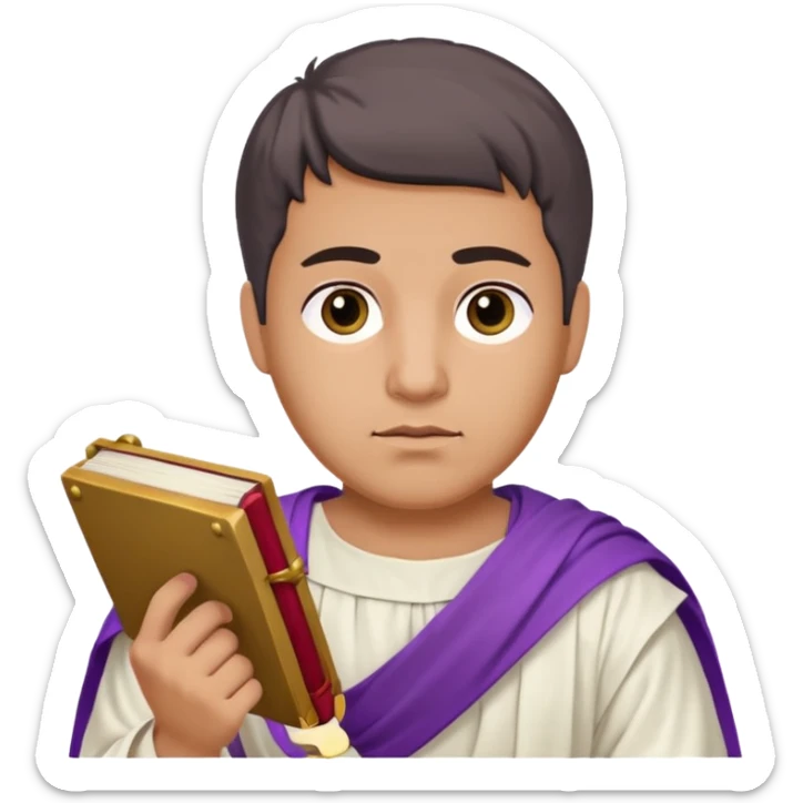 An emoji portrait of a Roman nobleman. He wears a white toga with a purple border. He has a serious, dignified expression and holds a scroll. sticker